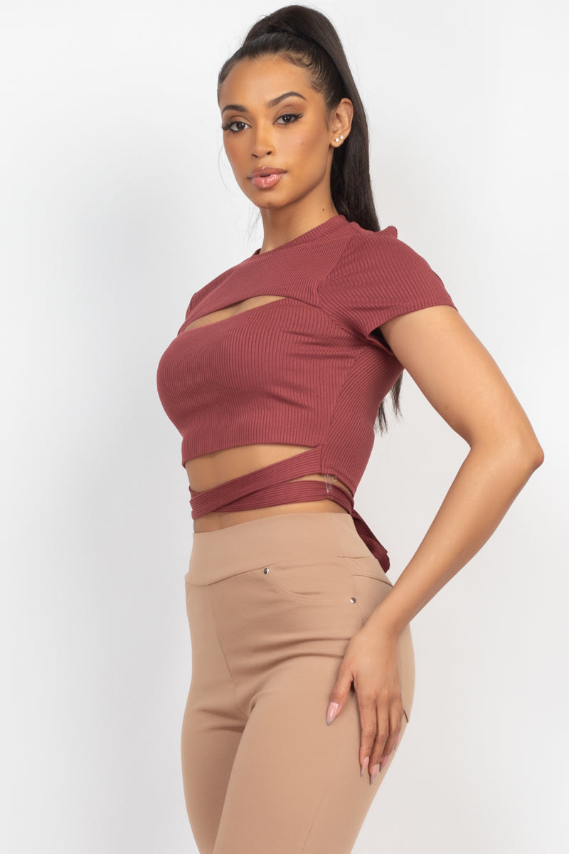 Self-tie Ribbon Front Cutout Crop Top